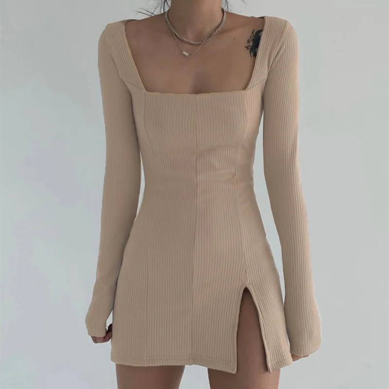 Elegant Square Neck Ribbed Female Dress Knitted Side Split Bodycon Women Long Sleeve Fashion Mini Dresses Basic Robe New | Женская
