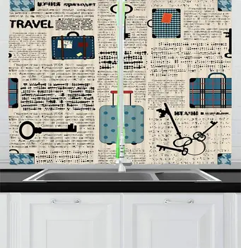 

Old Newspaper Kitchen Curtains Retro Styled Travel Vacation Theme Vintage Suitcases Keys Dot Text Window Drapes for Kitchen Cafe