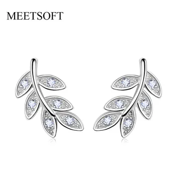 

MEETSOFT Silver Plated Prevent Allergy Fashion Stud Earrings for Women Design Trendy Crystal Small Leaf Feather Jewelry Gift