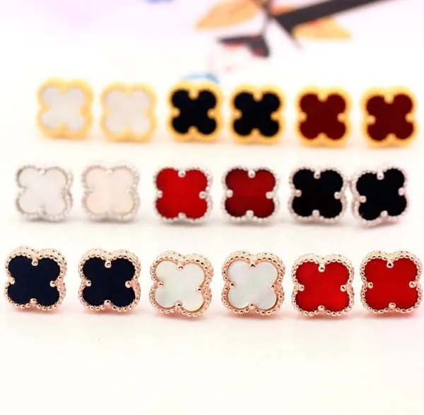 

Four-leaf flower earrings fashion pop alloy shell earrings black and white red green flowers four-leaf clover jewelry 2019 new