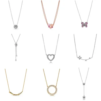 

Women 925 Sterling Silver Pendant Necklace Crystal Heart Rose Gold Flower Diy Butterfly For Women Jewelry Size 50cm