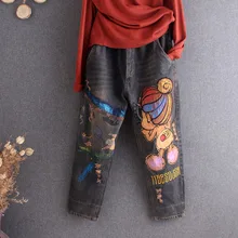 Корейская мода свободные шаровары джинсы брюки мультфильм патч ткань ретро окрашенные деним эластичный пояс брюки для женщин Повседневная тонкая одежда