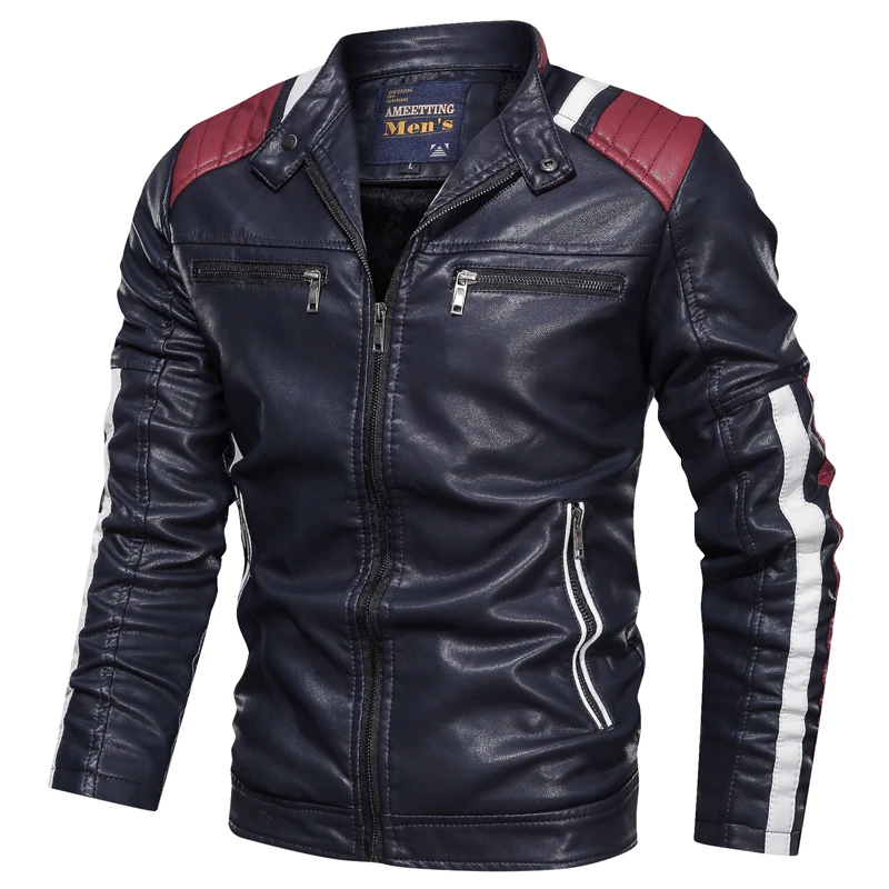

New winter Men Plus velvet Faux leather Jacket Stand Collar Motorcycle Casual Plus velvet Stitching waterproof Jacket
