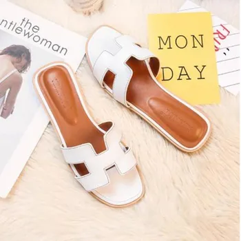 

Luxury Designer Slippers Women Shoes Square Toe Womens Slippers PU Leather Ladies Summer Slides Flats Sandals Plus Size