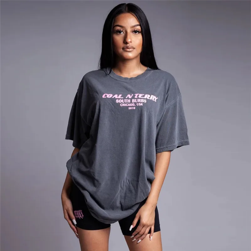 WLWXR уличная футболка с буквенным принтом негабаритных размеров женская футболка летняя длинная футболка Harajuku женская футболка сексуальная Женская свободная футболка - Цвет: Серый
