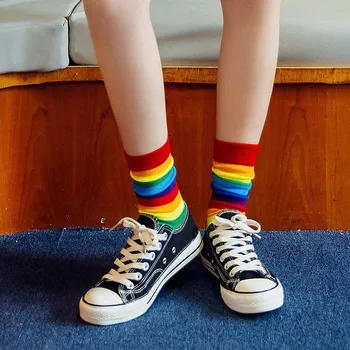 

5PC Women Socks Fashion Rainbow Striped Tube Casual Cotton Socks Hombre Combed Largos Calcetines skarpetki носки мужские