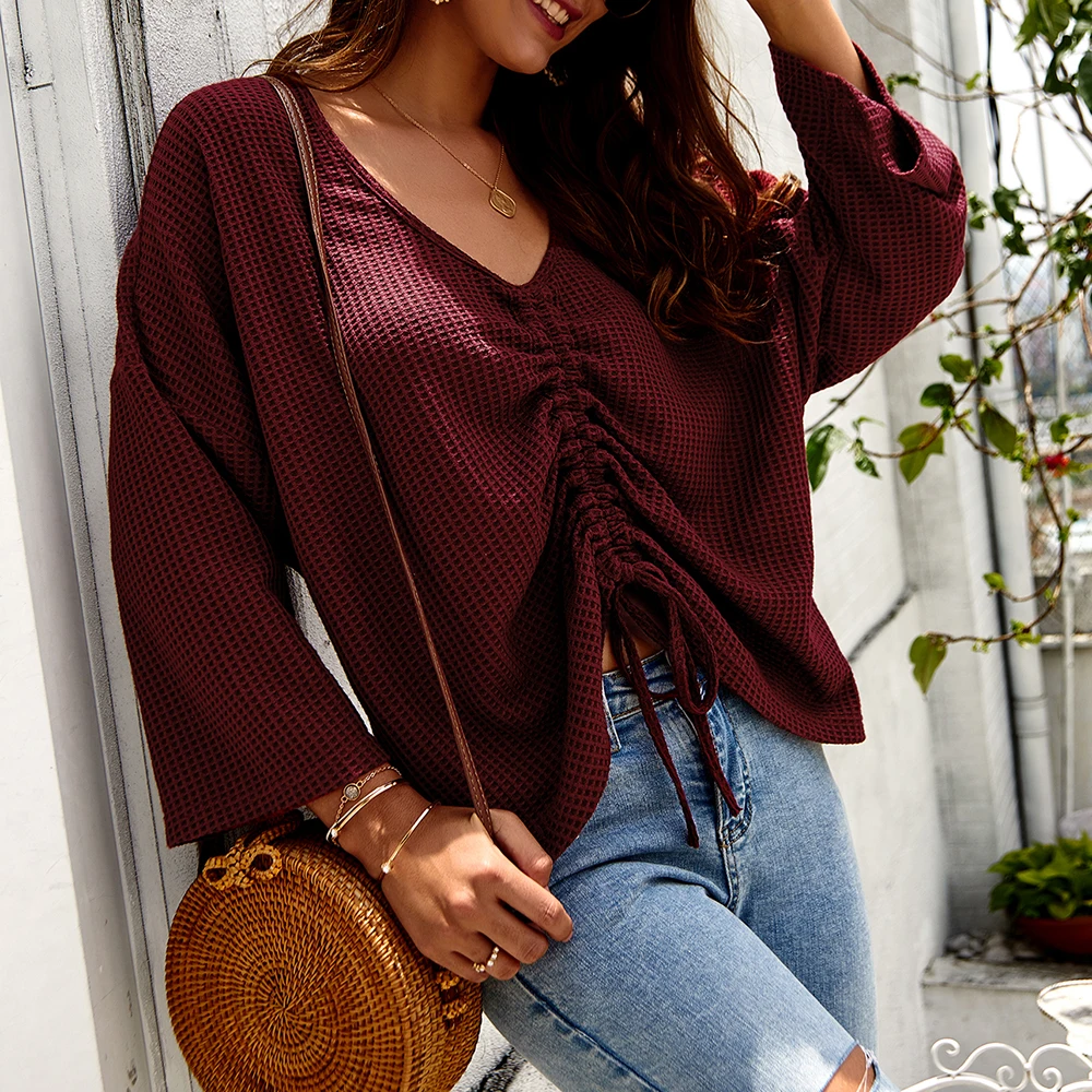 Women's V Neck Adjustable Drawstring Tie Front Knit Long Sleeve Ruched Sweater Tops Pull Size Adjustable Front Panel New O28 Women's V Neck Adjustable Drawstring Tie Front Knit Long Sleeve Ruched Sweater Tops Pull Size Adjustable Front Panel New O28