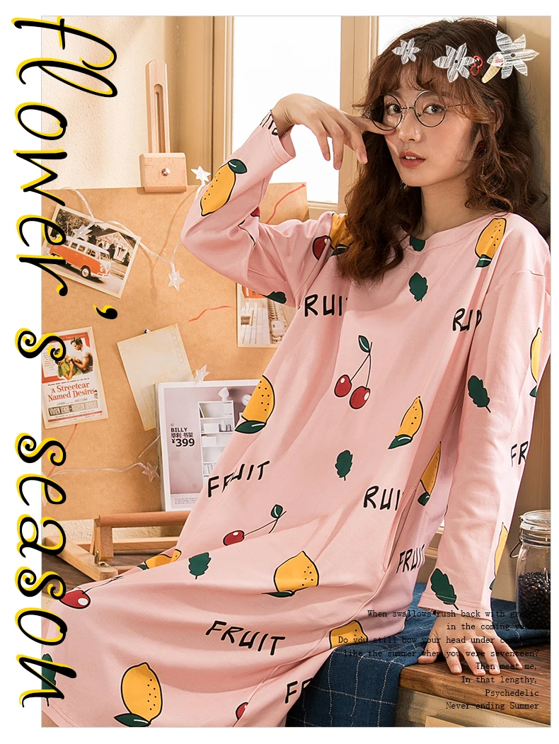 Ночная рубашка розового цвета для девочек; хлопковое Ночное платье с длинными рукавами с милым фруктовым принтом; ночное платье; Женский пуловер; платье для сна; рубашка