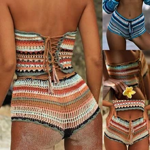Вязанные крючком полосатые шорты для женщин, летние пляжные Boho, средняя талия, хлопковые шорты для девушек, сексуальные тонкие шорты для женщин, низ ручной работы