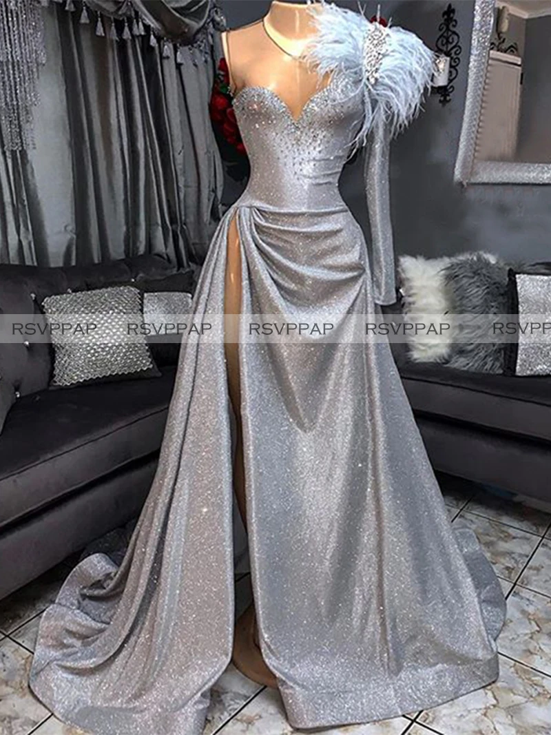 silver prom dress with slit
