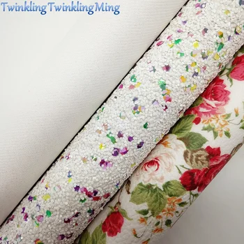 

WHITE Glitter Fabric, Synthetic Leather, Flowers Printed Faux Fabric Sheets For Bow A4 21x29CM Twinkling Ming XM002D