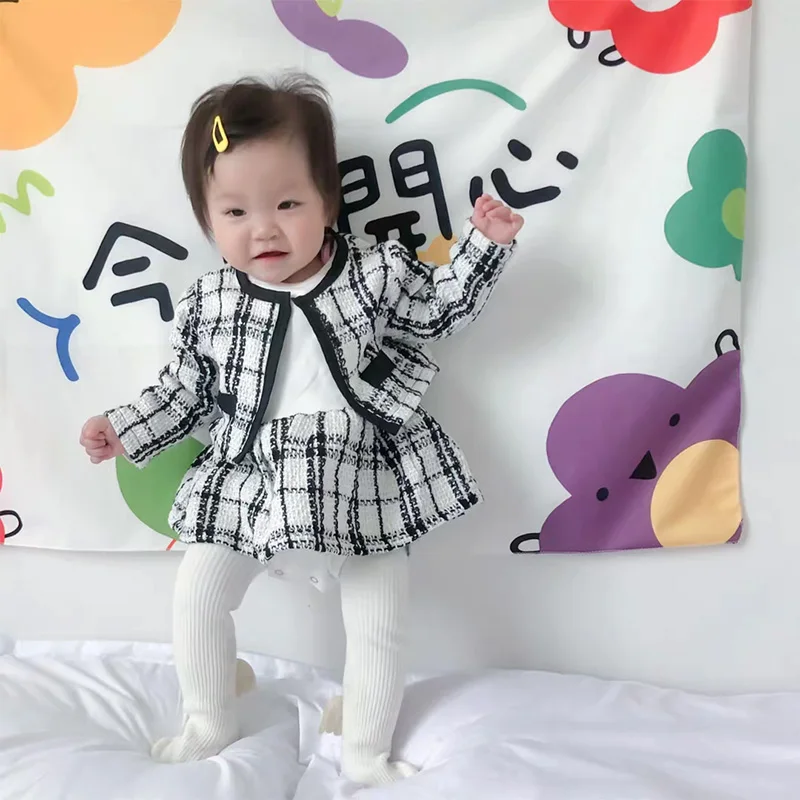 

New Spring Autumn Infant Baby Girls Black white Long Sleeve Coat + Flower Rompers Clothing Sets Kids Girl Suit Clothes 0-2Yrs