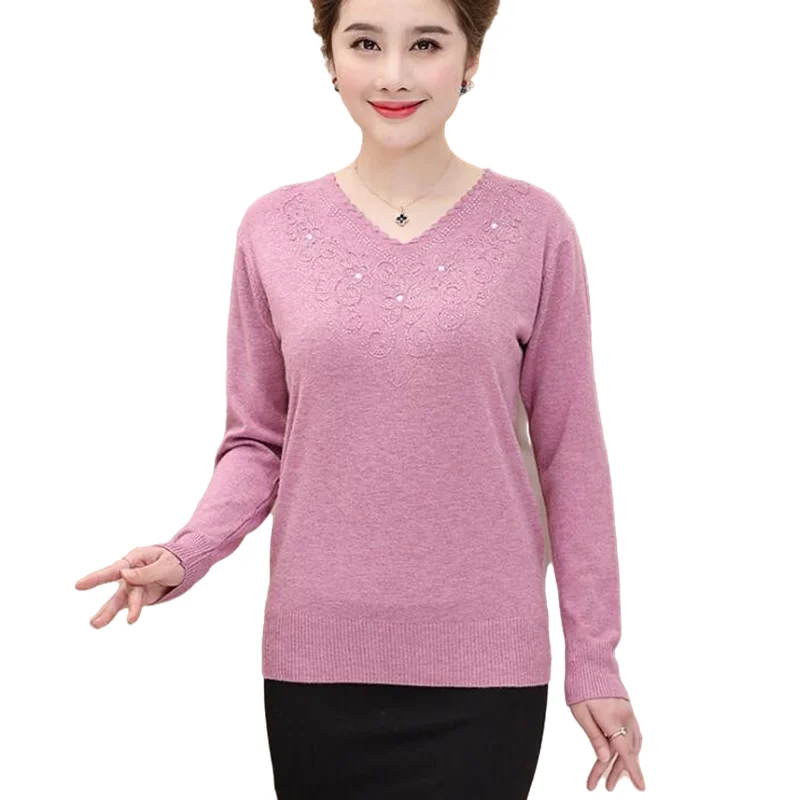 

Middle Age Mother Women Knit Sweater V Neck Diamond Solid Knitwear Top Spring Autumn Bottom Shirt Pullover