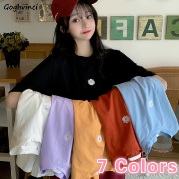 

T-shirts Women Summer Sunflower O-neck Embroidery Short Sleeve Tees Chic Sweet Simple Tshirts Girls Ins Korean Style Womens Tops