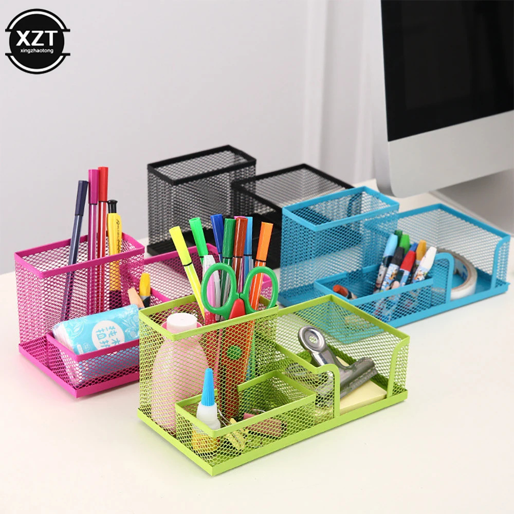 3-In-1 Desk Organizer Pencil Pen Holder Metal Hollow Mesh Wire Organizador De Escritorio Lapices Office Desk Accessories pen holder stationery organizer