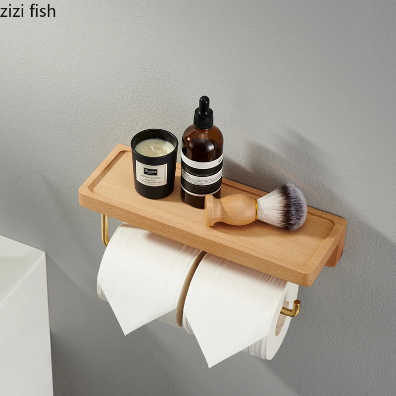 Toilet Roll Holder Brass Wood Napkin Holder Tissue Box Toilet Paper Holders Home Wall-mounted Storage Rack Paper Towel