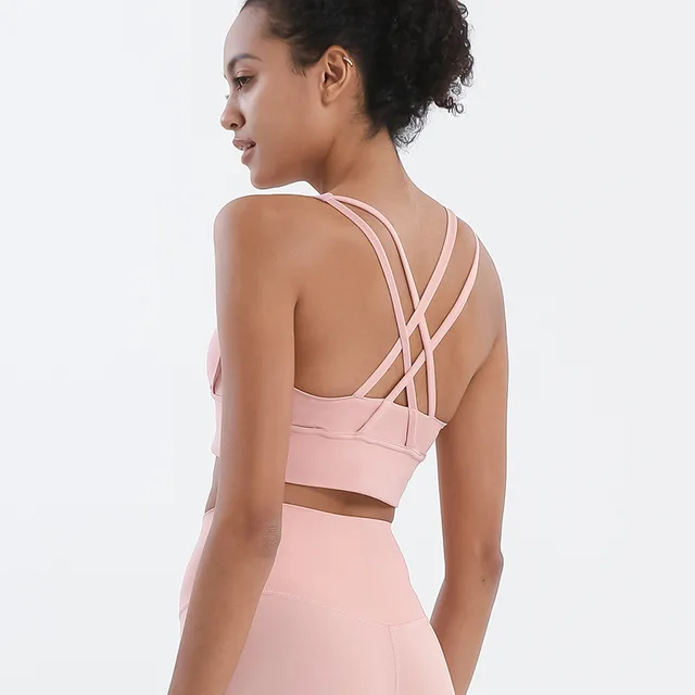 Lulu Classic Solid Color Cross Back Women Sport Bra Fitness Tank Top Shockproof Run Tight Yoga Vest No Steel Ring With Chest Pad Peach orange