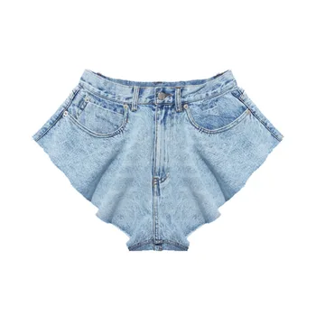 

[EWQ] New Design Spring Summer 2020 Denim Patchwork Ruffles Pockets High Street Shorts Women Fashion Tide AJ04505L