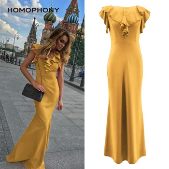 

Homophony Ruffles Women Dress Solid Elegant Fashion Mermaid Dress Sexy Vintage Floor-Length Spring and Summer Dress