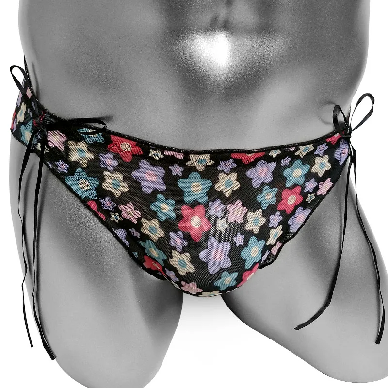 

Thin Mesh See Thru Sissy panties Floral Ruffles Mens Briefs With bowknots Panty Lingerie Gay Knickers Sissy Underpants Black