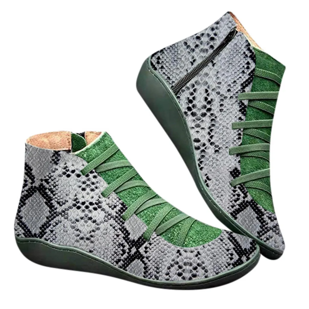 Модные короткие женские ботинки обувь в стиле ретро со змеиным принтом, на плоской подошве, из искусственной кожи, на шнуровке, на молнии, с круглым носком ботильоны для женщин г. F115