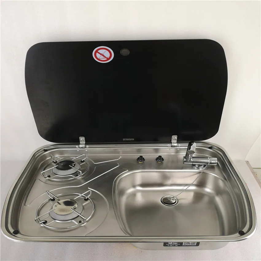 2 Burner Gas Stove Sink Combo With Glass Lid 2*1.35KW 600*445*145mm GR