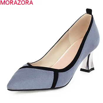 

MORAZORA 2020 new arrival fashion high heels shoes comfortable flock thick heels pointed toe ladies shoes summer dress shoes