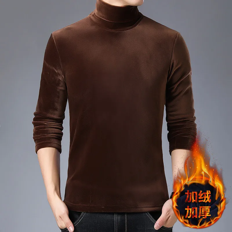 Коричневый Хит, золотой двусторонний плюшевый свитер с высоким горлом, мужской модный однотонный вязаный мужской свитер - Цвет: Коричневый
