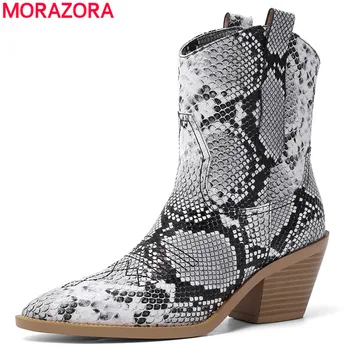 

2020 Plus size 34-46 new ankle boots square high heels snake printed pointed toe autumn winter shoes woman cowboy western boots