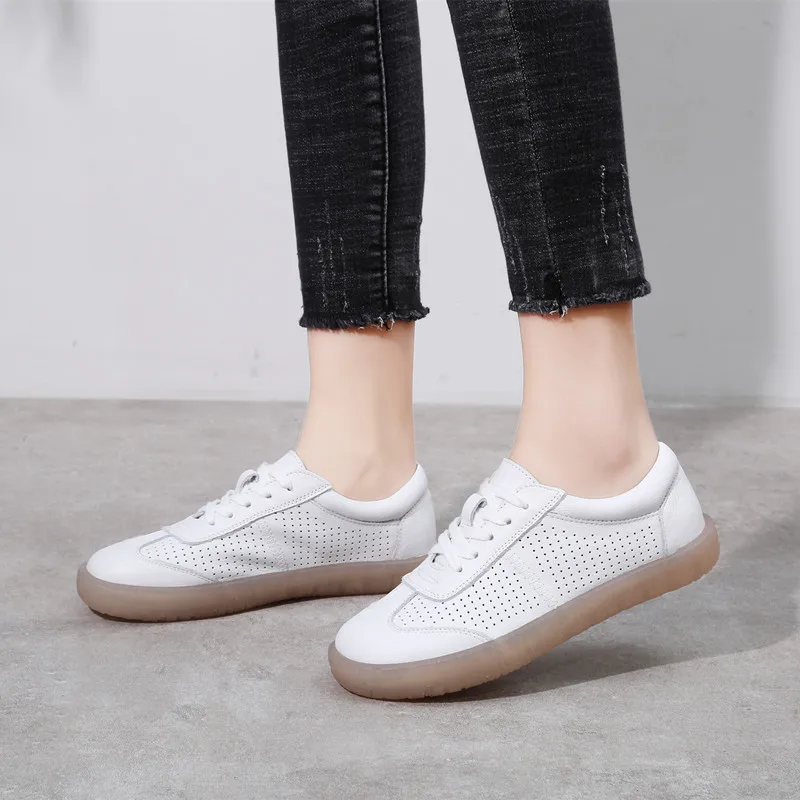 

Women Leather Flats Lace Up White Casual Shoes Summer Sneakers Soft Bottom Genuine Leather Women Flats Handmade Shoes Brand 92