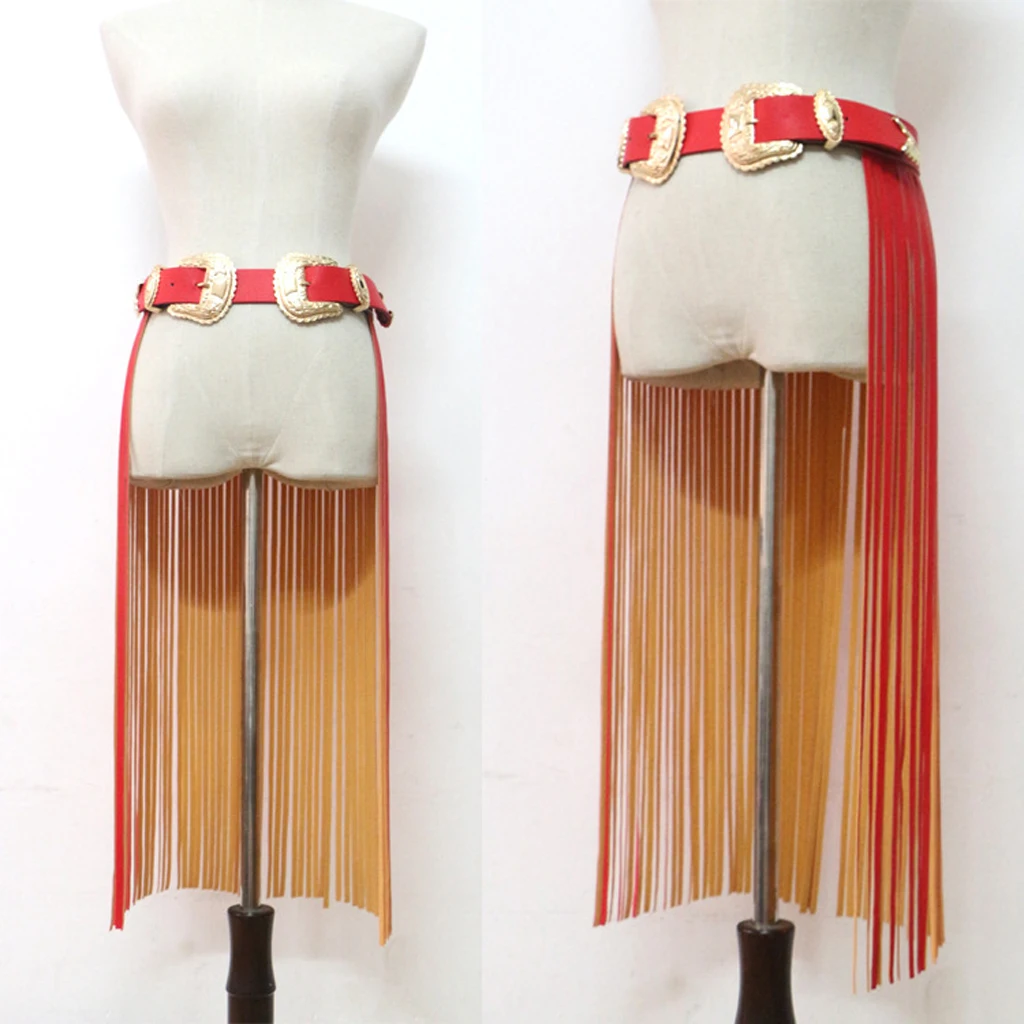 Women Tassels Leather Skirt Summer Fashion Adjusted Belts Long Fringe Dress