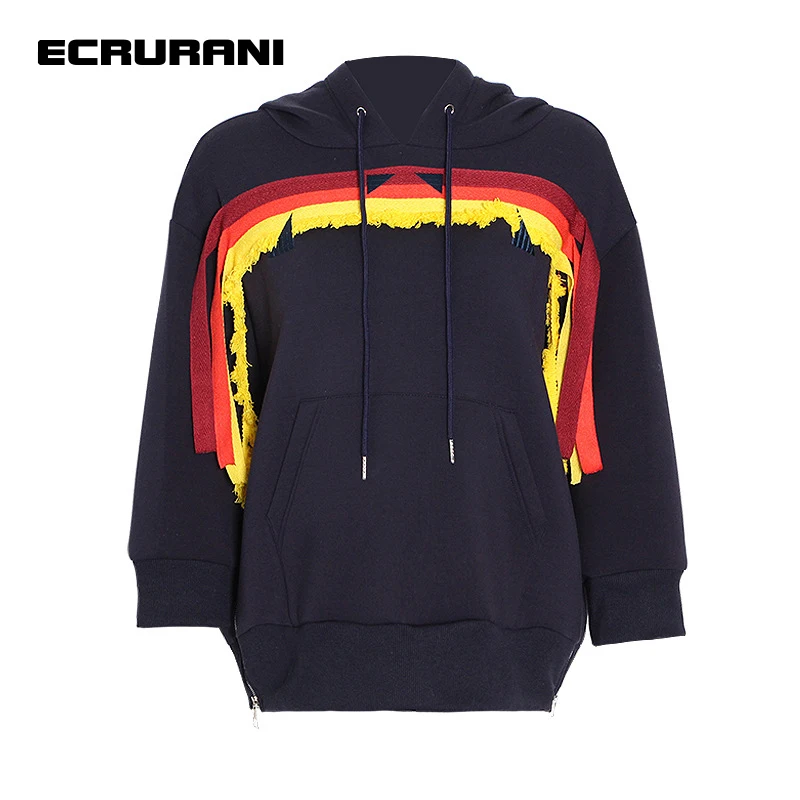 ECRURANI Patchwork Casual Tassel Hoodies For Women Hooded Collar Long Sleeves Hit Color Sweatshirts Female 2021 Fashion Clothing