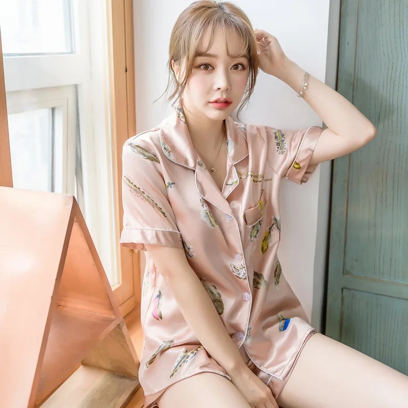 

QWEEK Silk Pajamas for Women Summer Print Sleepwear Women 2020 Satin Pyjamas Women Home Clothes Thin Sexy Pijama Mujer
