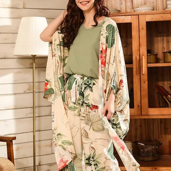 

Floral Printed Ladies Pajamas 4-piece Set Tanks Shorts Trousers Nightgown Women Home Suit Spring Summer Lady Casual Home Clothes