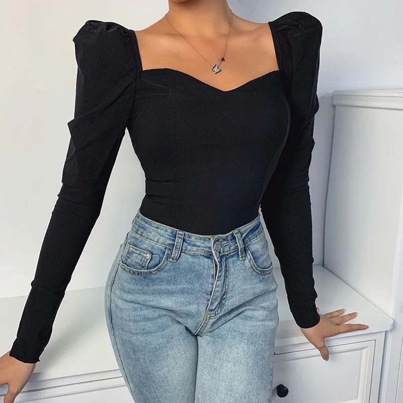 Elegant Square Collar Women Autumn Shirts Solid Color Puff Sleeve Slim Blouses Tops Sexy V-neck Long Sleeve Shirt