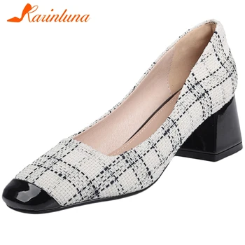 

KARINLUNA Ladies 2020 Med Chunky Heels Pumps Fashion Office Gingham Pumps Women Brand Patchwork Shoes Woman