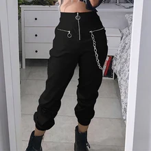 US $14.62 45% OFF|Gothic harajuku zipper streetwear women casual harem pants with chain solid black pant cool fashion hip hop long trousers capris-in Pants & Capris from Women's Clothing on AliExpress 