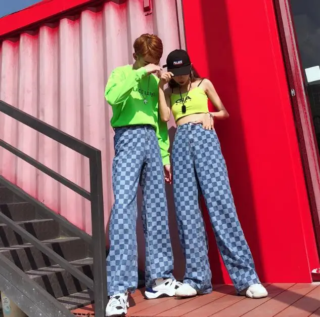 Осенние корейские новые брюки Harajuku bf ветер свободные ретро личности джинсовые клетчатые прямые широкие брюки женские