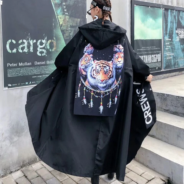 tiger GCC1685 HG Tide брендовый значок патч с капюшоном плащ для женщин Письмо Печати Drawstring уличная одежда большого размера ветровка, длинное пальто GCC1685 - Цвет: tiger GCC1685