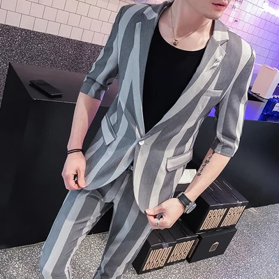 Gray Топ+ штаны) новые полосатые костюмы Ночное, уличное мужские костюмы БАРС молодой мужской одежды колготки тонкий и красивый свободный горячий костюм - Цвет: Gray