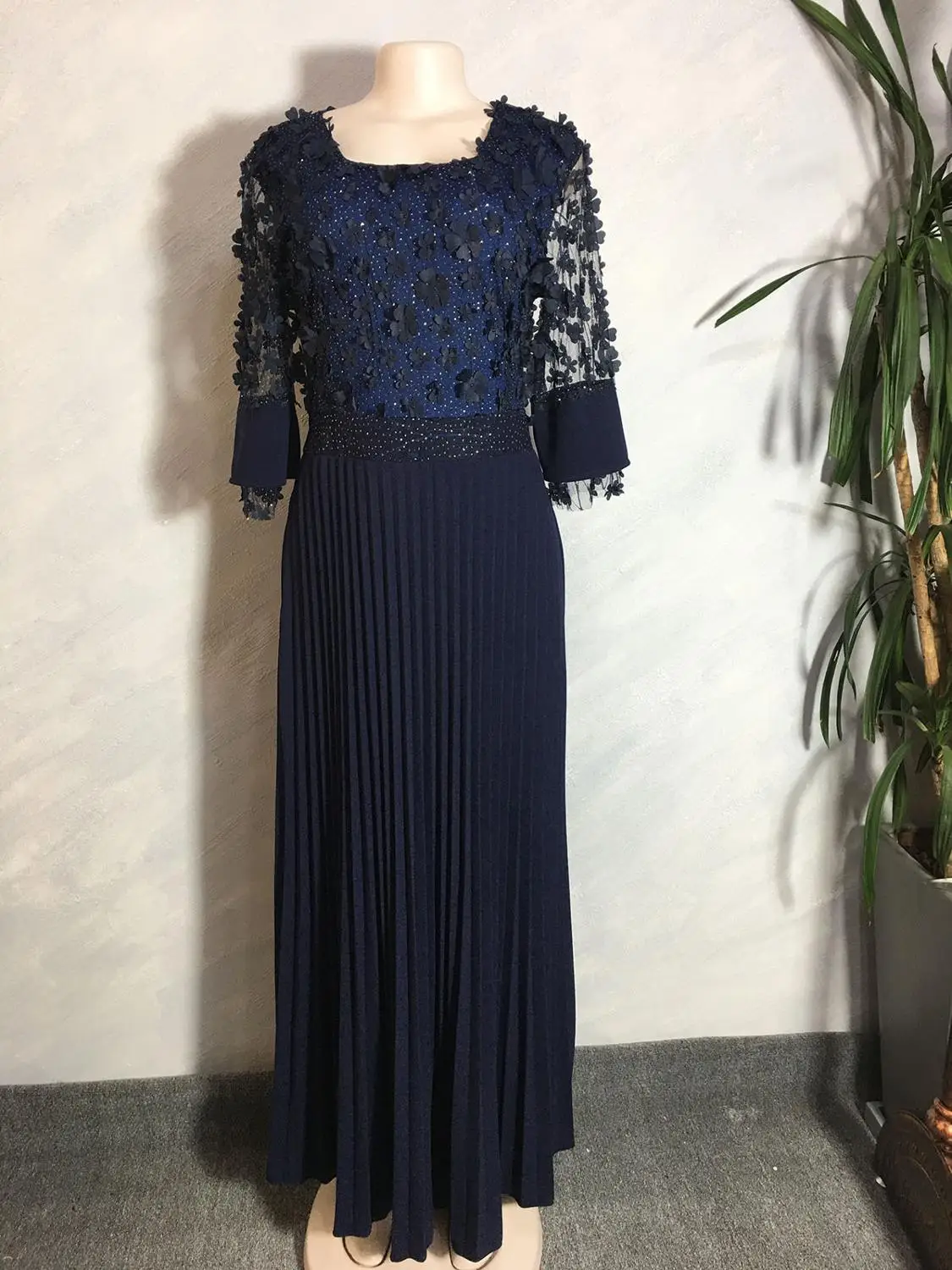 Tilapia Новое Плиссированное Элегантное Длинное Платье макси с рукавом до локтя кружевное однотонное платье с аппликацией vestidos - Цвет: navy blue