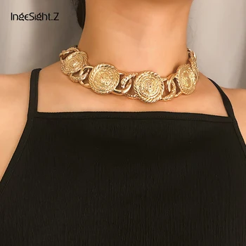 

IngeSight.Z Vintage Chunky Metal Choker Necklace Collar Women Statement Carved Coin Necklace Clavicle Chain Jewelry Accessories