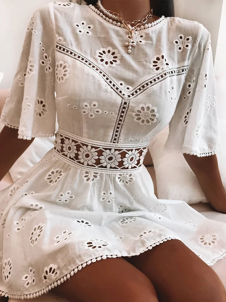 Autumn Dress Aproms Floral-Embroidery Backless White Elegant Women Casual High-Fashion