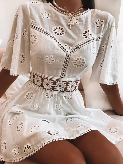 Aproms Elegant White Floral Embroidery Cotton Dress Women Casual High Fashion Backless Short Mni Dresses High Waist Autumn Dress 1