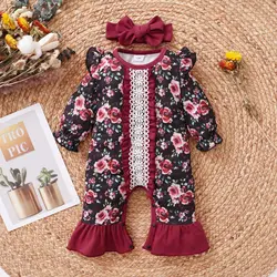 Barboteuse à imprimé Floral pour bébé fille, jolie grenouillère pour nouveau né, longues manches, tenues de printemps/automne, combinaisons pour nourrissons filles, cadeau de réception pour bébé 
