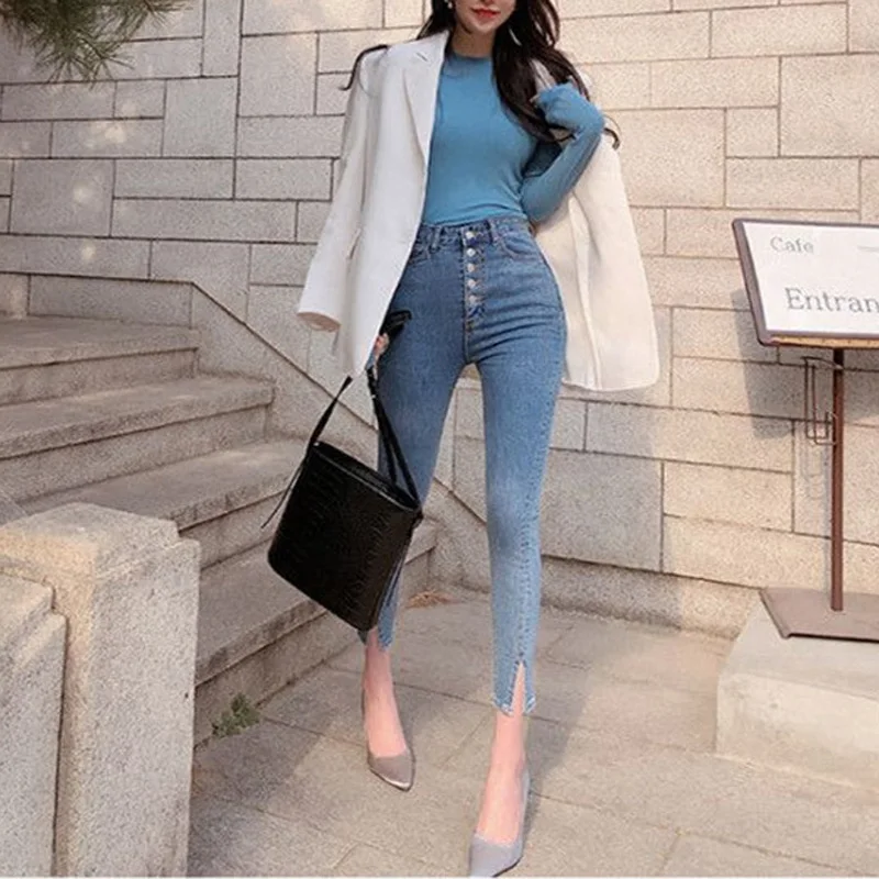Goede Vintage Single breasted Vrouwen Denim Jeans Hoge Taille Stretch Broek Capri Streetwear Vrouwelijke Split Manchet Jeans Broek 2019 Herfst