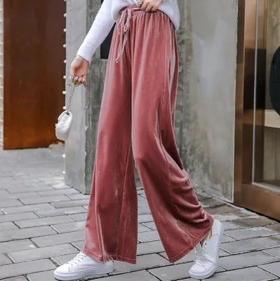 Новые мягкие бархатные широкие брюки женские осенние брюки прямые брюки с высокой талией тонкие длинные свободные женские брюки тонкие брюки из плюша - Цвет: ppink