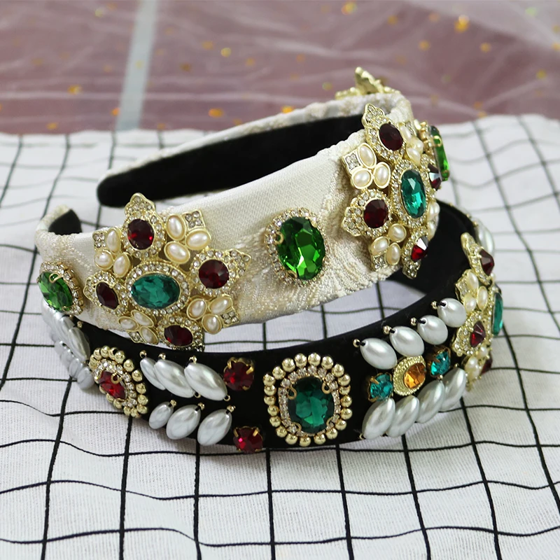 

Luxury Baroque Crown red green Rhinestone Handmade Beading Hair Bands Crystal Wide Headband Wedding Hair Jewelry Christmas gifts