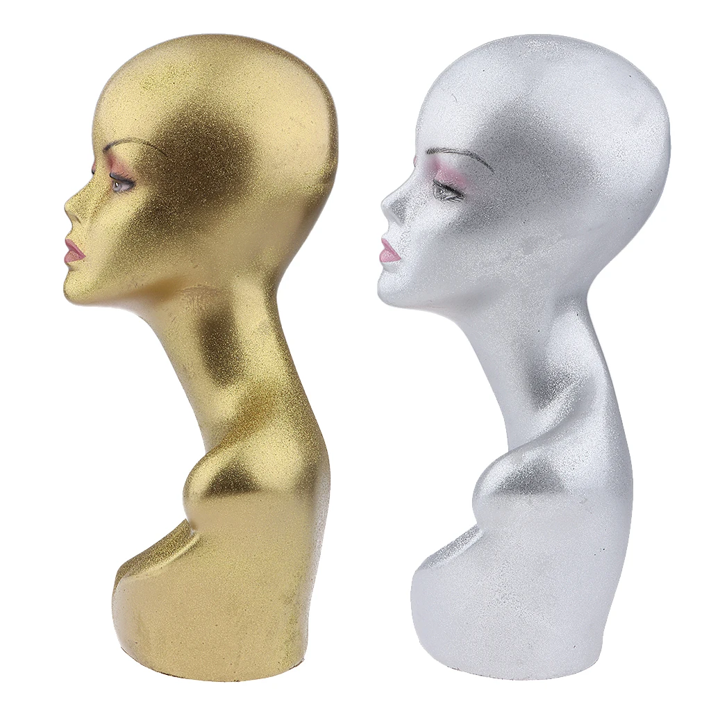 2Pieces Female Mannequin Head Model Wig Hat Cap Sunglass Display Manikin Metallic - Gold and Silver