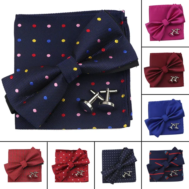 3PC Mens Bowtie Set Fashion Dot Solid Polyester Bow Tie Handkerchief Cufflinks Bar Party Wedding Business Daily Wear Accessories 2